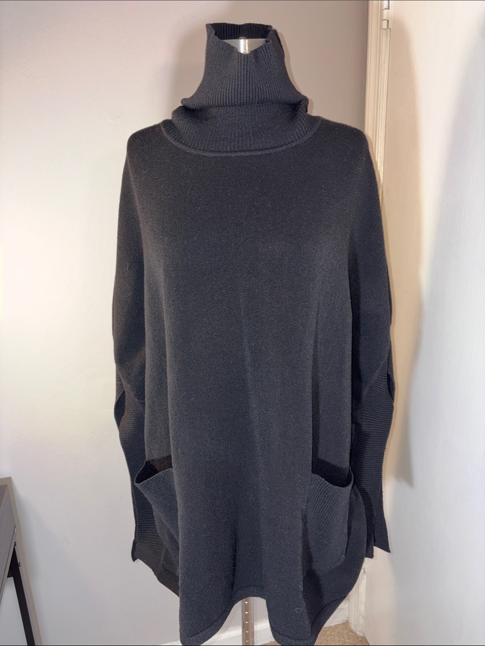 Andrea Jovine Black Turtleneck Pocket Poncho Sweater